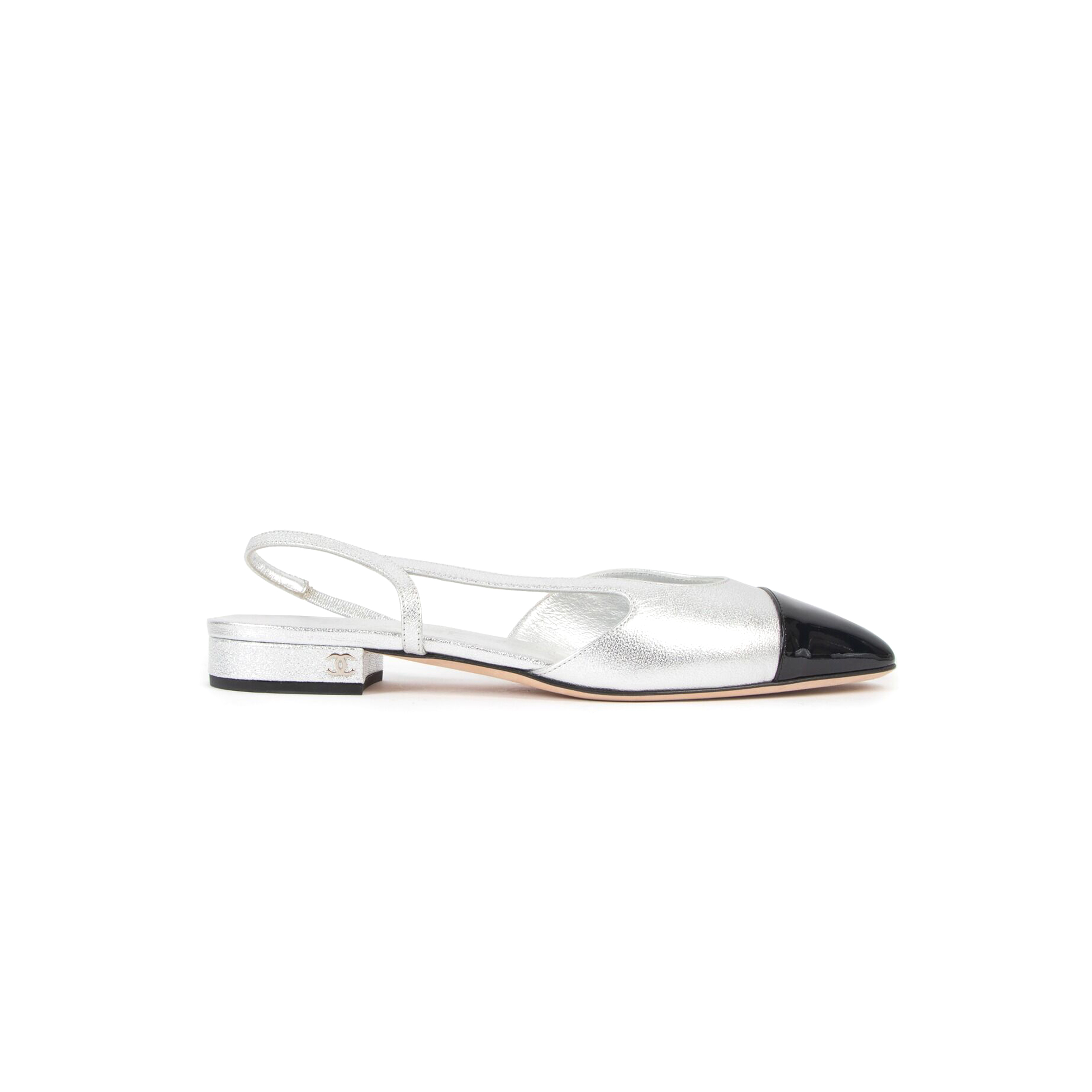 CHANEL CAP-TOE SLINGBACK FLATS IN SILVER G31319